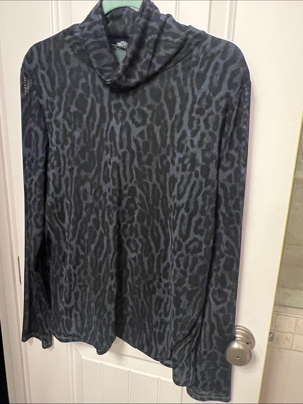 Tahari Black and Blue-gray Leopard Print Cowl Neck Sweater